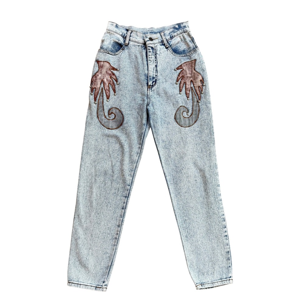 Vintage Jokko Acid Wash High Waist Studded Applique Jeans Womens 26 Blue Tapered